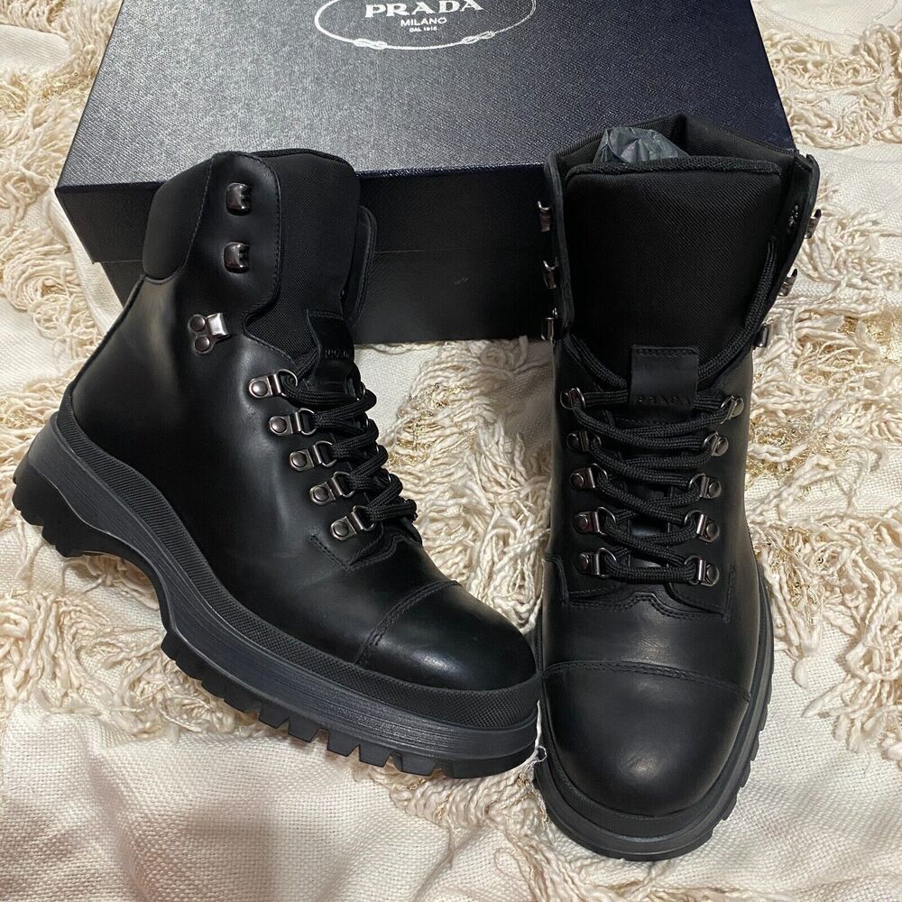 Prada Men's Leather Hiking Combat Boots Black Size 6 NEW